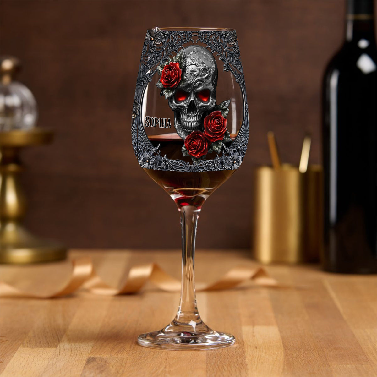 Hello Darkness - Couple Gift - Personalized Skull Wine Glass With Long Stem