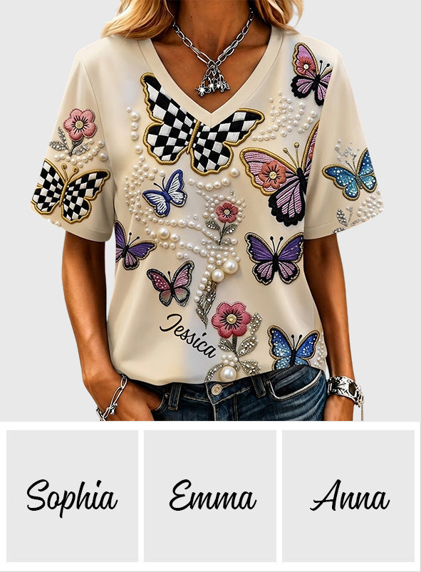 Love Butterfies - Personalized Butterfly Fully Printed V-Neck T-Shirt