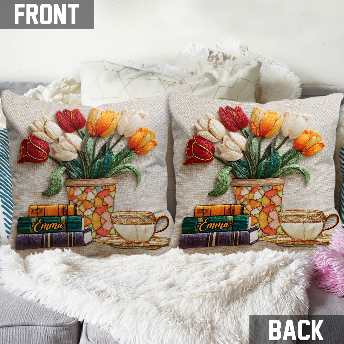 Books And Flowers - Personalized Book Throw Pillow