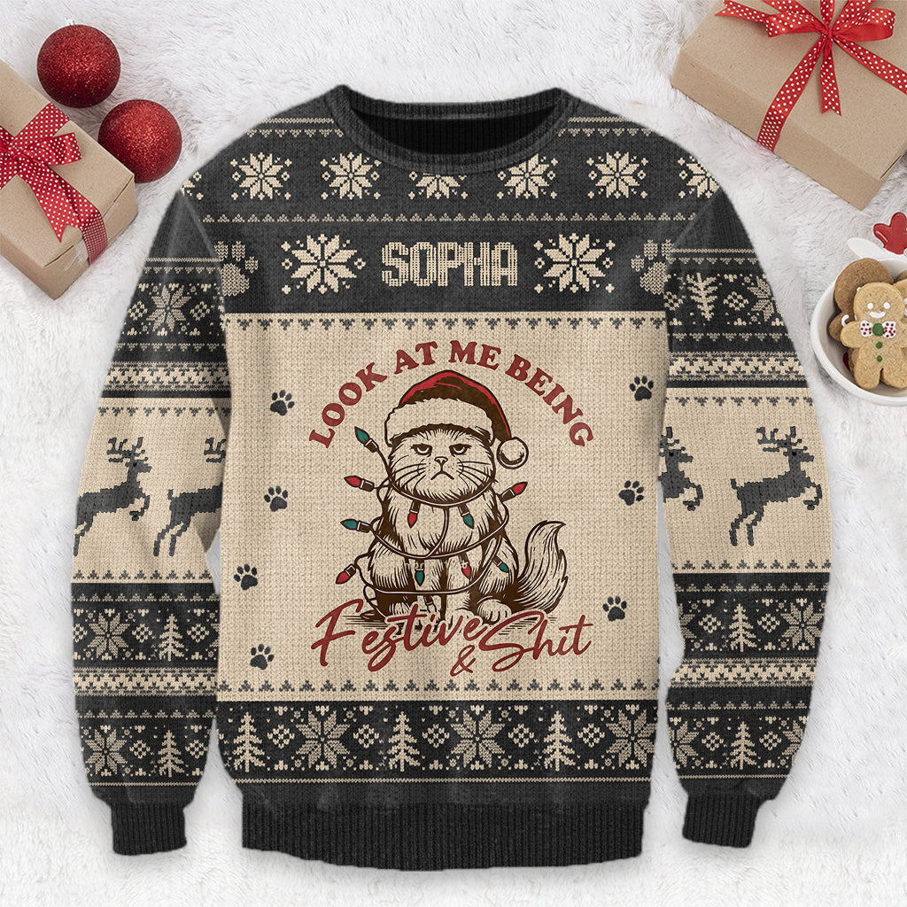 Sarcastic Cat Xmas - Personalized Cat Ugly Sweater