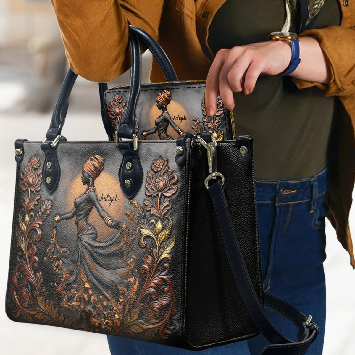 Beautiful Black Woman - Personalized African American Leather Handbag & Leather Long Wallet