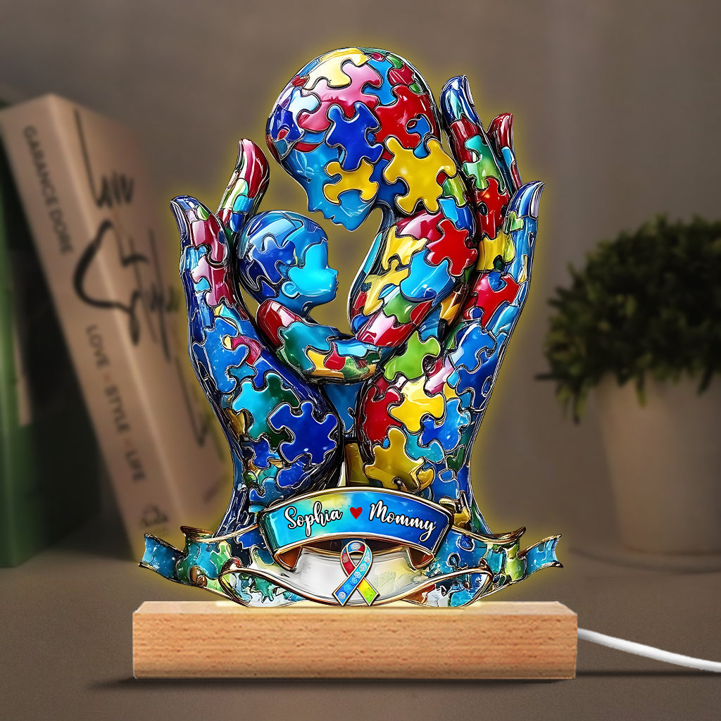 Mom And Kid - Personalized Autism Awareness Shaped Plaque Light Base