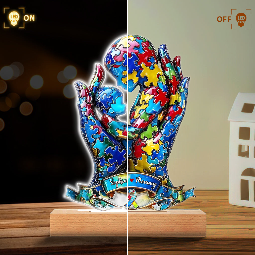 Mom And Kid - Personalized Autism Awareness Shaped Plaque Light Base