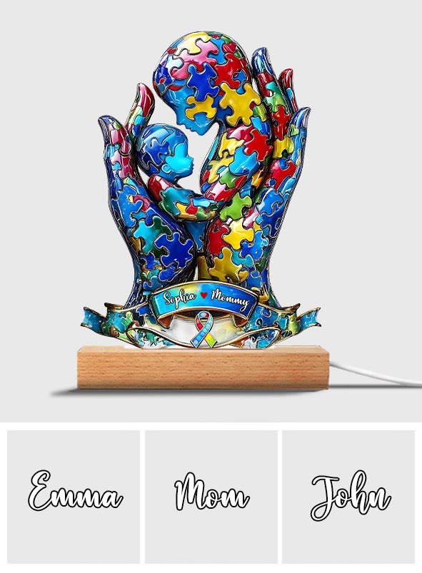 Mom And Kid - Personalized Autism Awareness Shaped Plaque Light Base