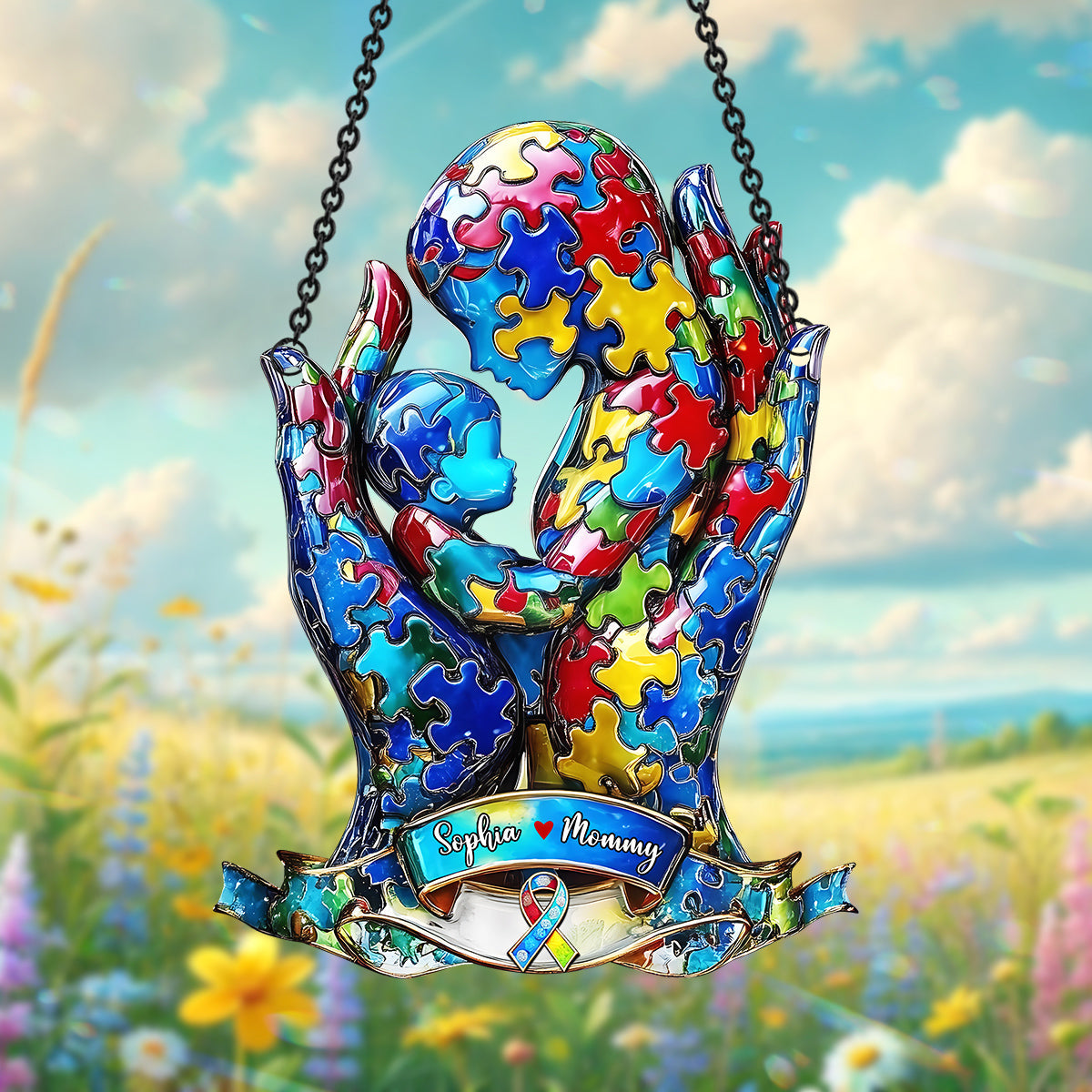 Mom And Kid - Personalized Autism Awareness Window Hanging Suncatcher Ornament