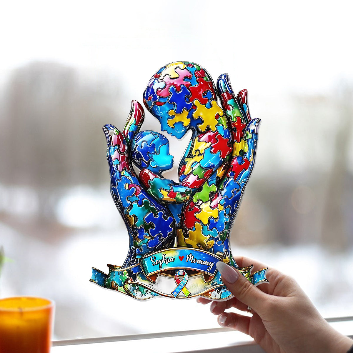 Mom And Kid - Personalized Autism Awareness Window Hanging Suncatcher Ornament