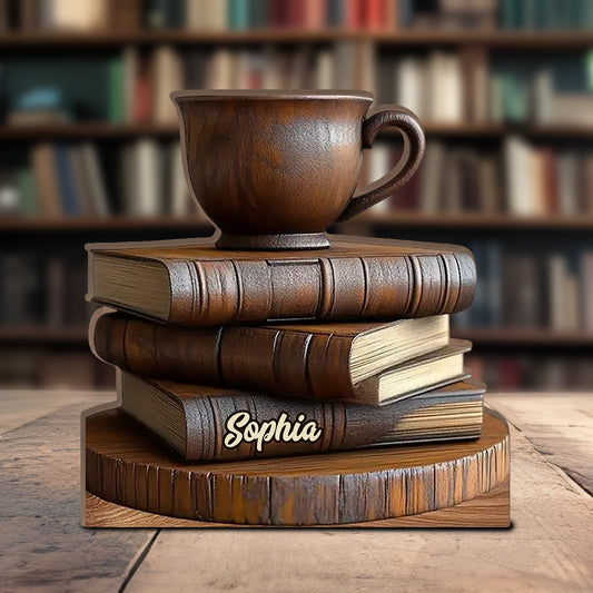 Wooden Book & Coffee Cup Decor - Personalized Book Custom Shaped Wood Plaque