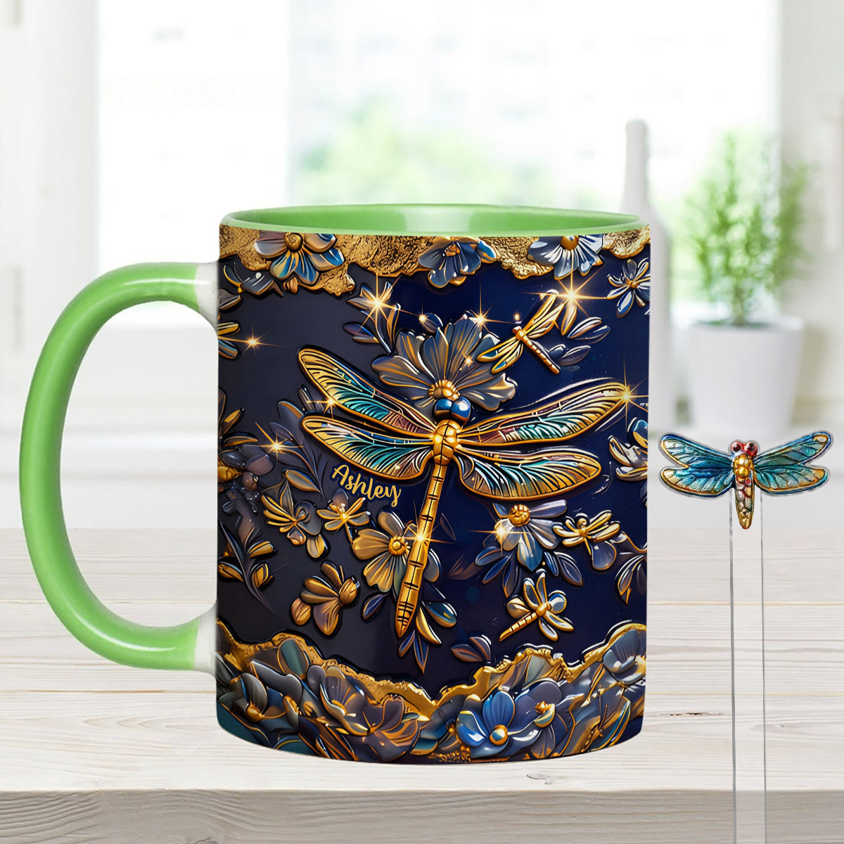 Love Dragonfly - Personalized Dragonfly Set Accent Mug with Acrylic Stirrers