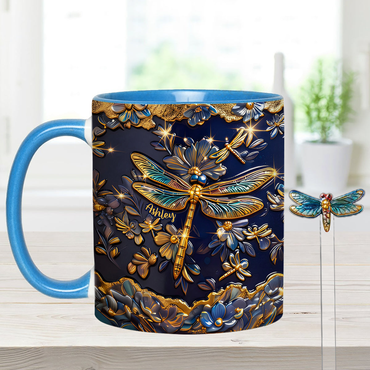 Love Dragonfly - Personalized Dragonfly Set Accent Mug with Acrylic Stirrers