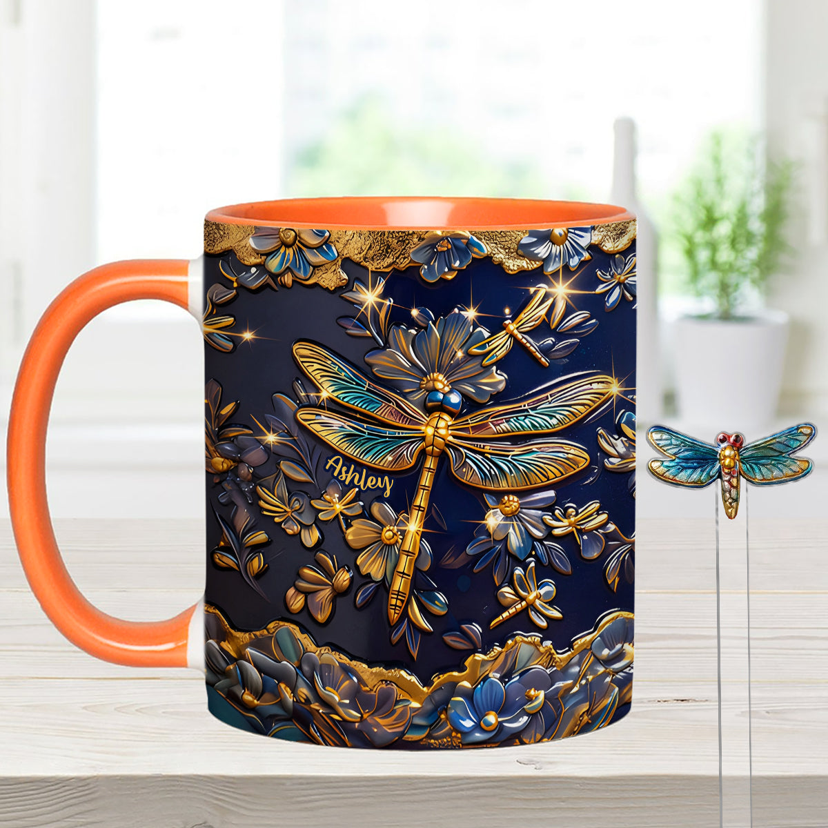 Love Dragonfly - Personalized Dragonfly Set Accent Mug with Acrylic Stirrers