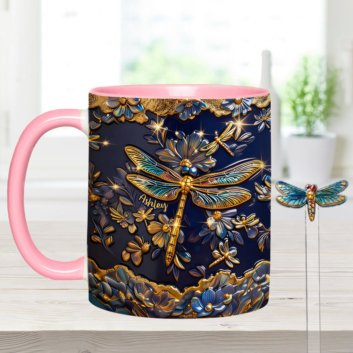 Love Dragonfly - Personalized Dragonfly Set Accent Mug with Acrylic Stirrers