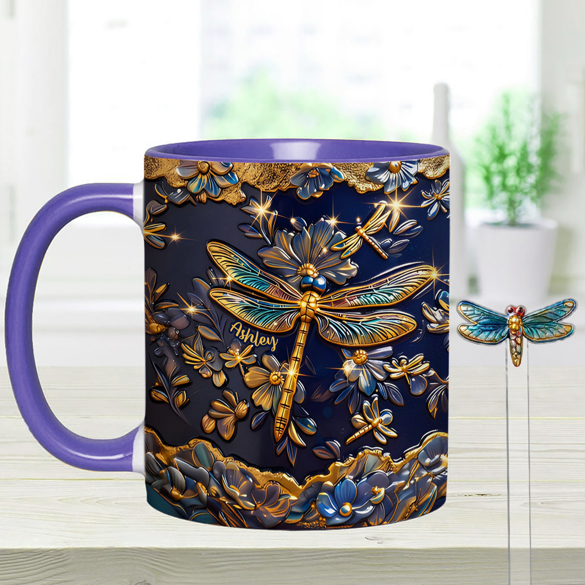 Love Dragonfly - Personalized Dragonfly Set Accent Mug with Acrylic Stirrers