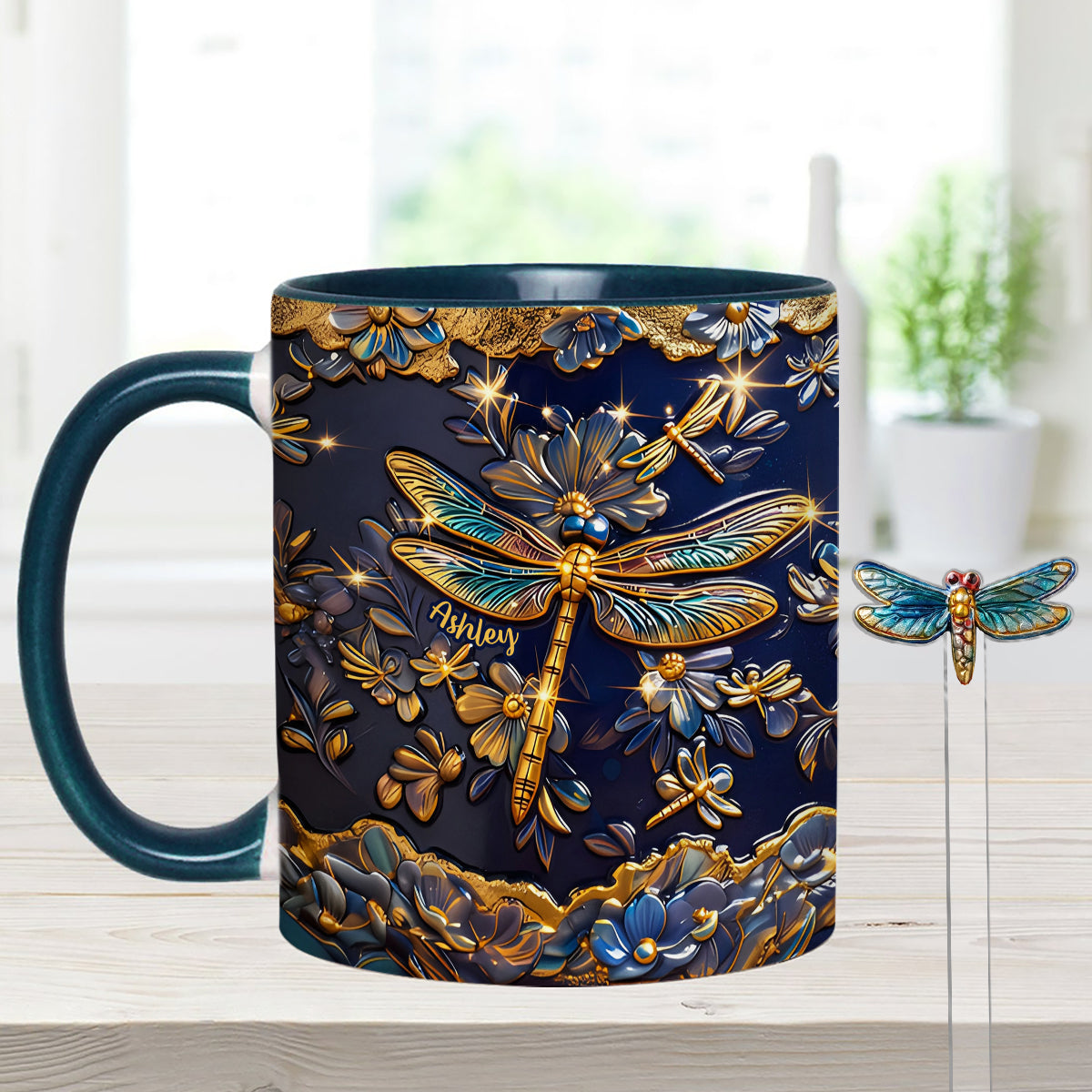 Love Dragonfly - Personalized Dragonfly Set Accent Mug with Acrylic Stirrers