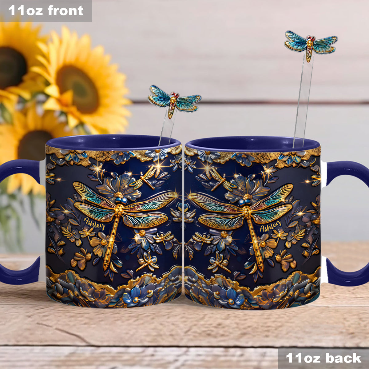 Love Dragonfly - Personalized Dragonfly Set Accent Mug with Acrylic Stirrers