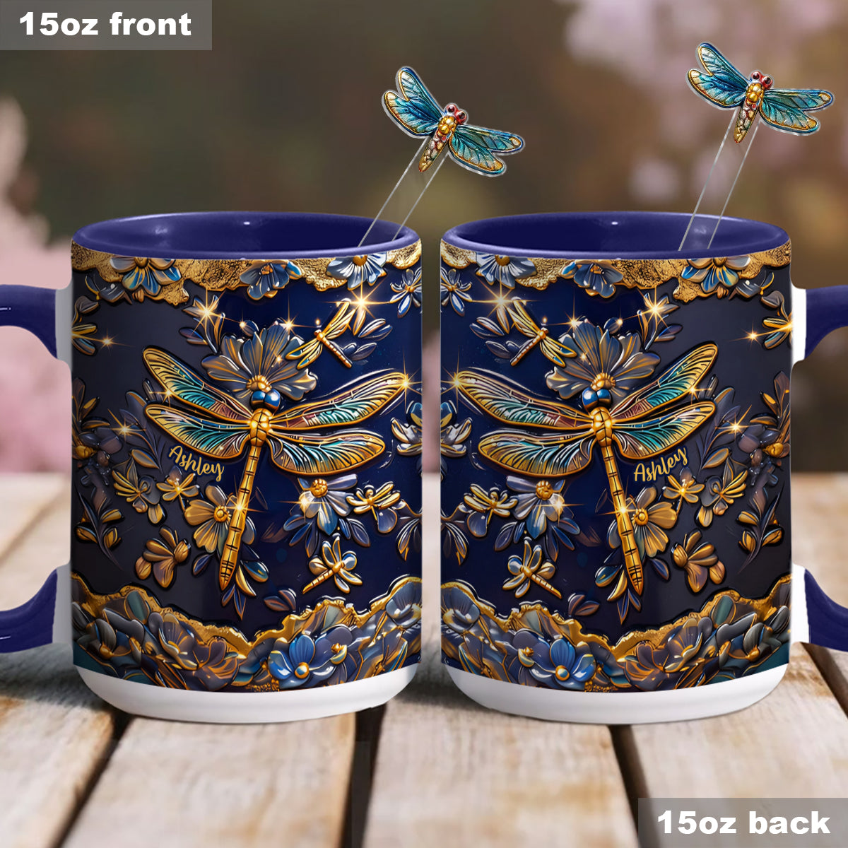 Love Dragonfly - Personalized Dragonfly Set Accent Mug with Acrylic Stirrers