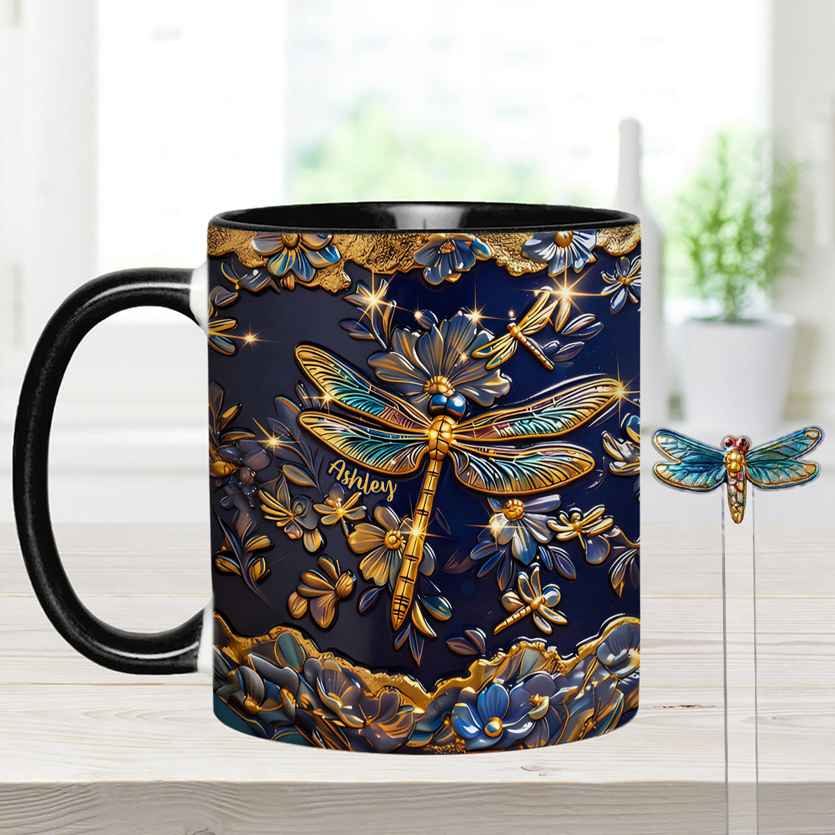 Love Dragonfly - Personalized Dragonfly Set Accent Mug with Acrylic Stirrers