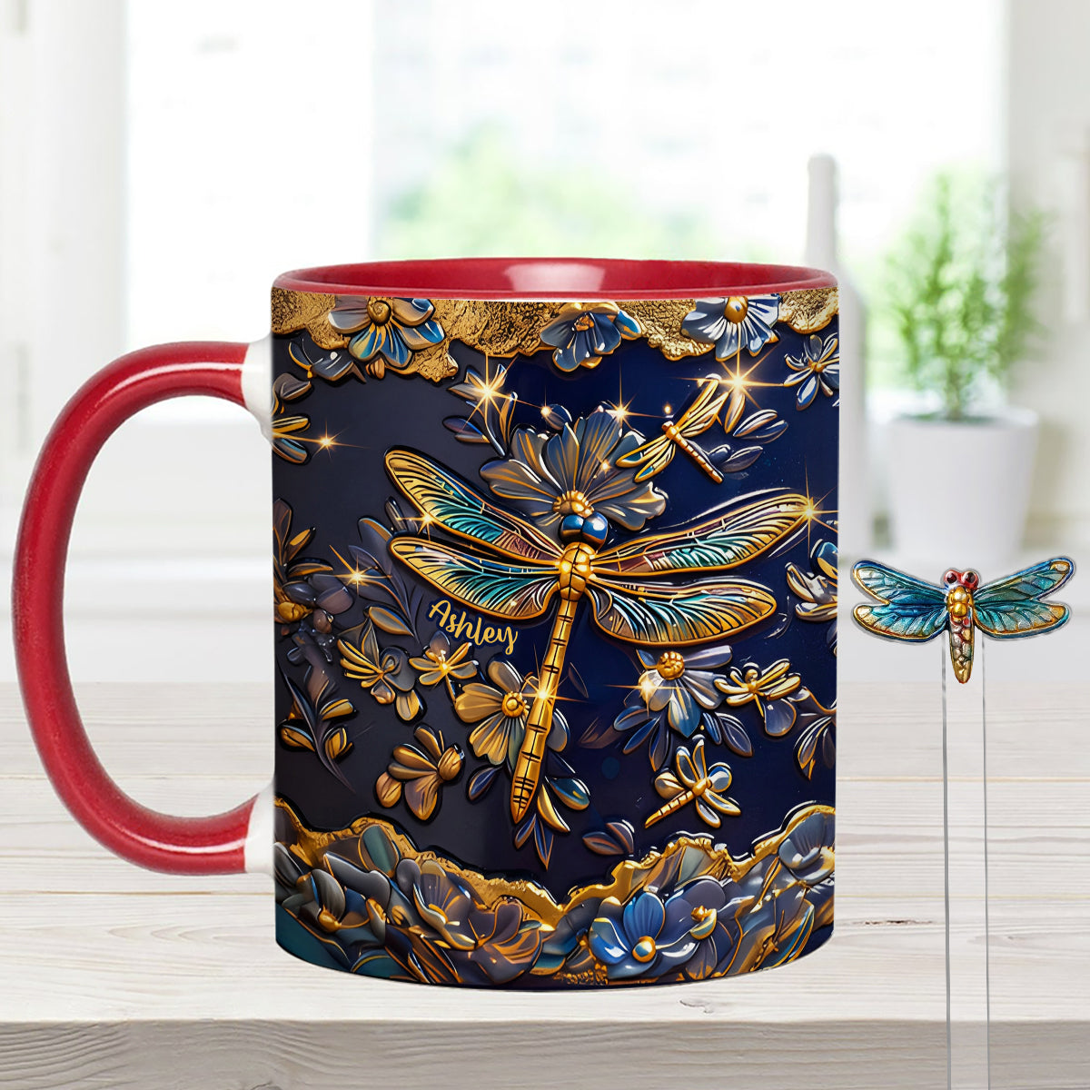 Love Dragonfly - Personalized Dragonfly Set Accent Mug with Acrylic Stirrers