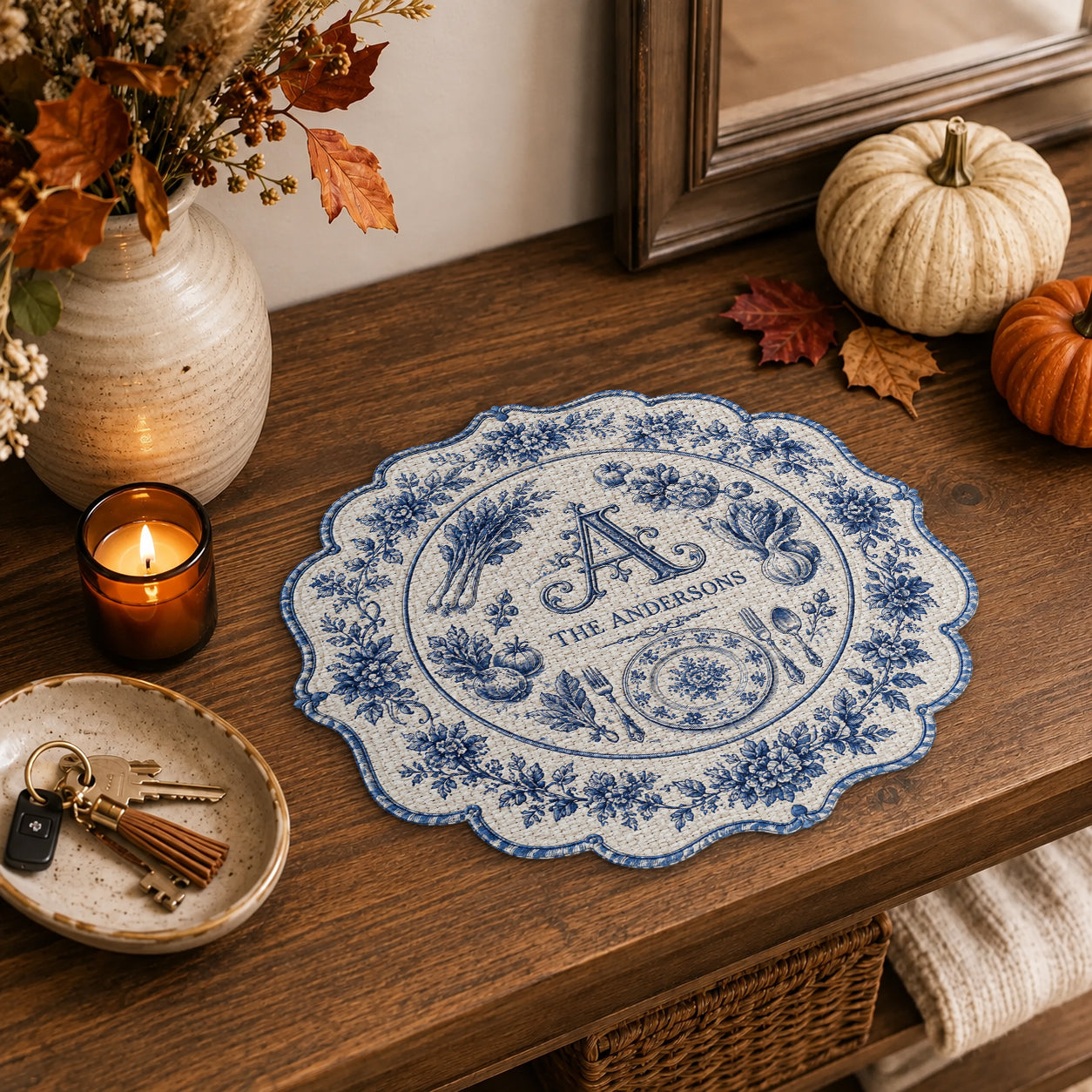 Inital Family Gift Toile De Jouy Pattern - Personalized Family Custom Shape Placemat