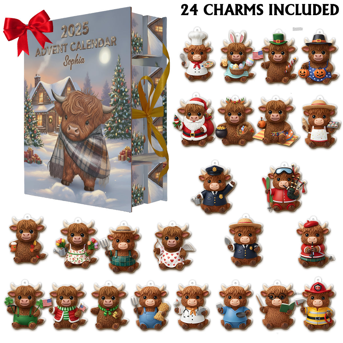 Highland Cow In Winter - Personalized Highland Cow Folded Advent Calendar With Ornaments
