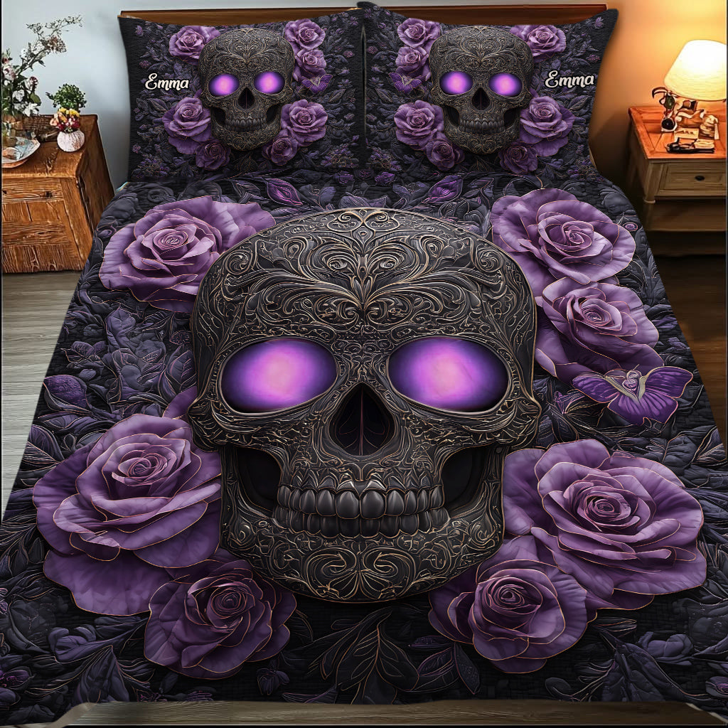 Skull And Roses - Personalized Skull Quilt Set