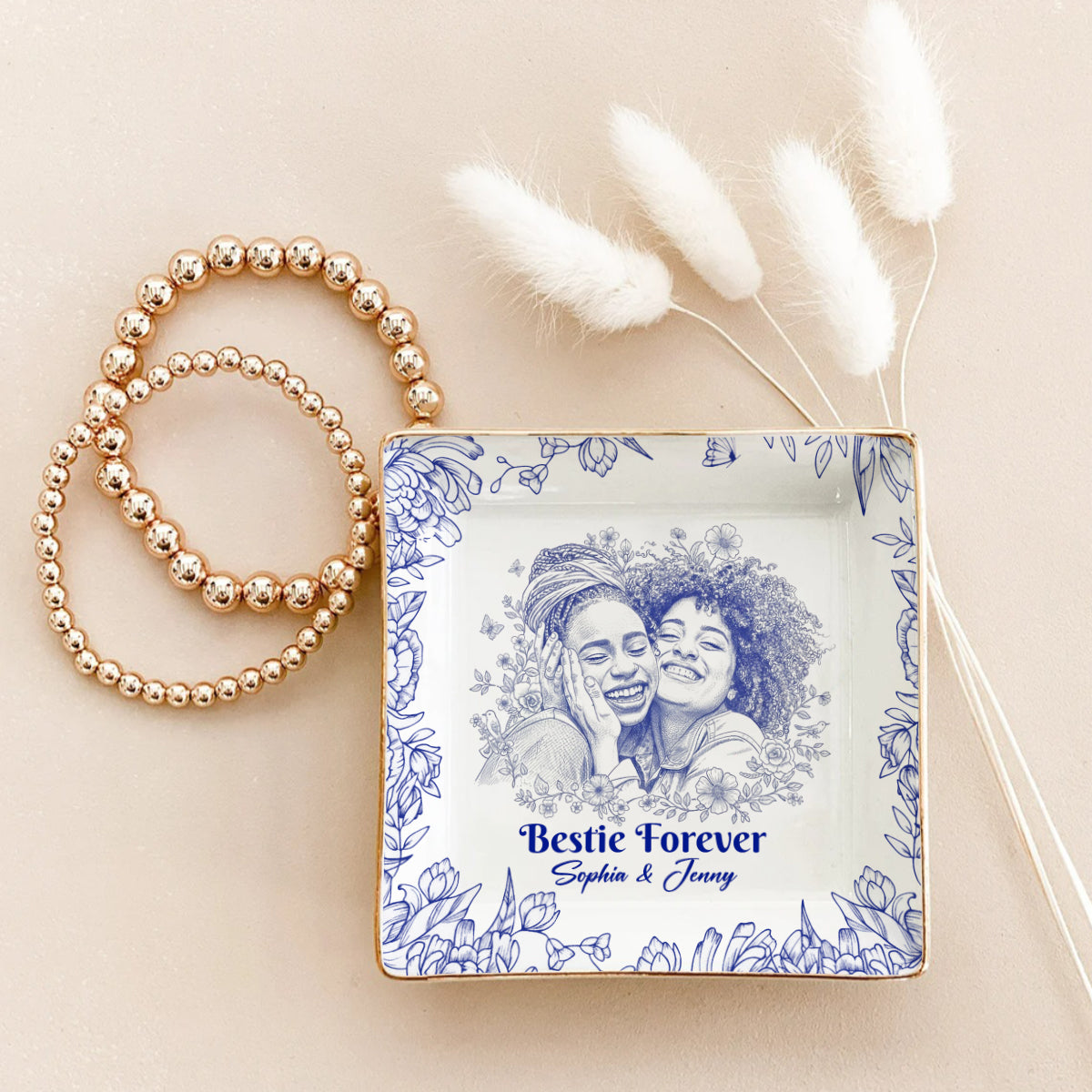Toile De Jouy Besties Flower - Personalized Bestie Fully Printed Jewelry Dish
