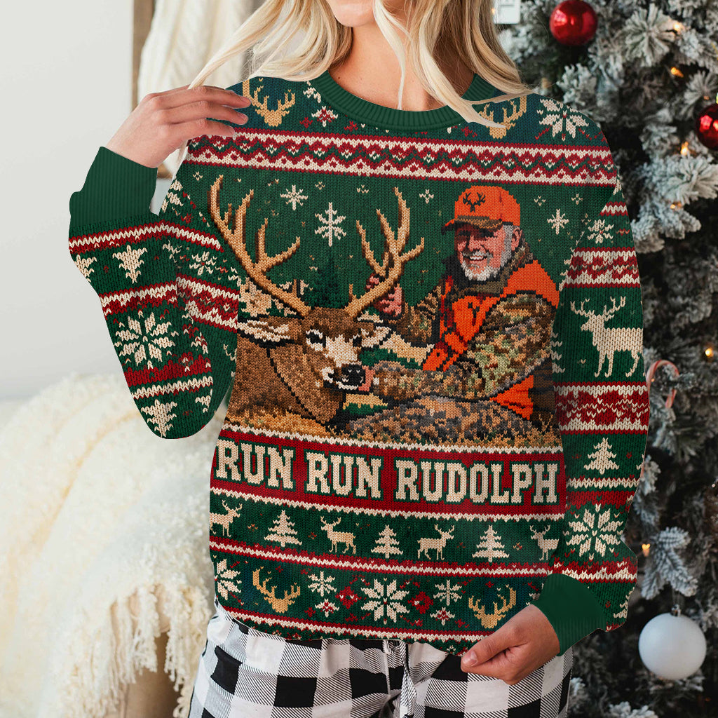 Run Run Rudolph Custom Photo - Personalized Hunting Ugly Sweater
