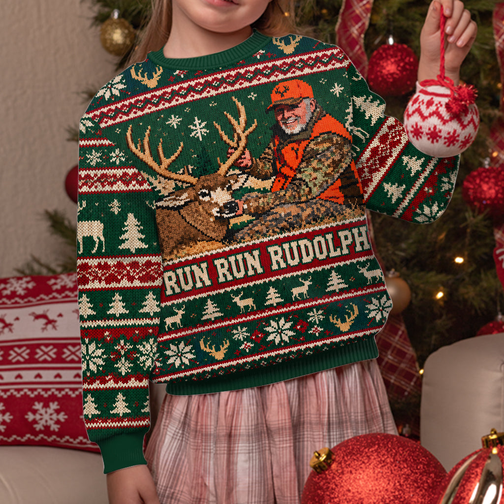 Run Run Rudolph Custom Photo - Personalized Hunting Ugly Sweater
