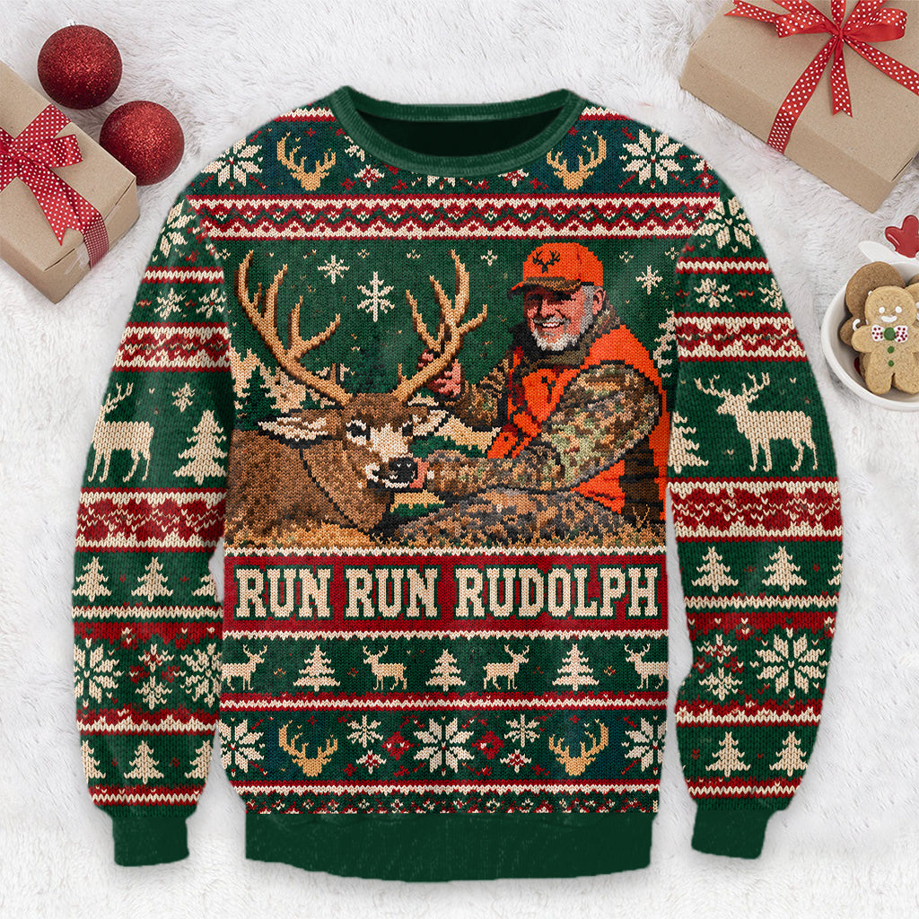Run Run Rudolph Custom Photo - Personalized Hunting Ugly Sweater