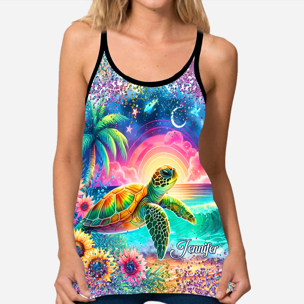 Sea Turtle Sunflower - Personalized Turtle Cross Tank Top and Leggings