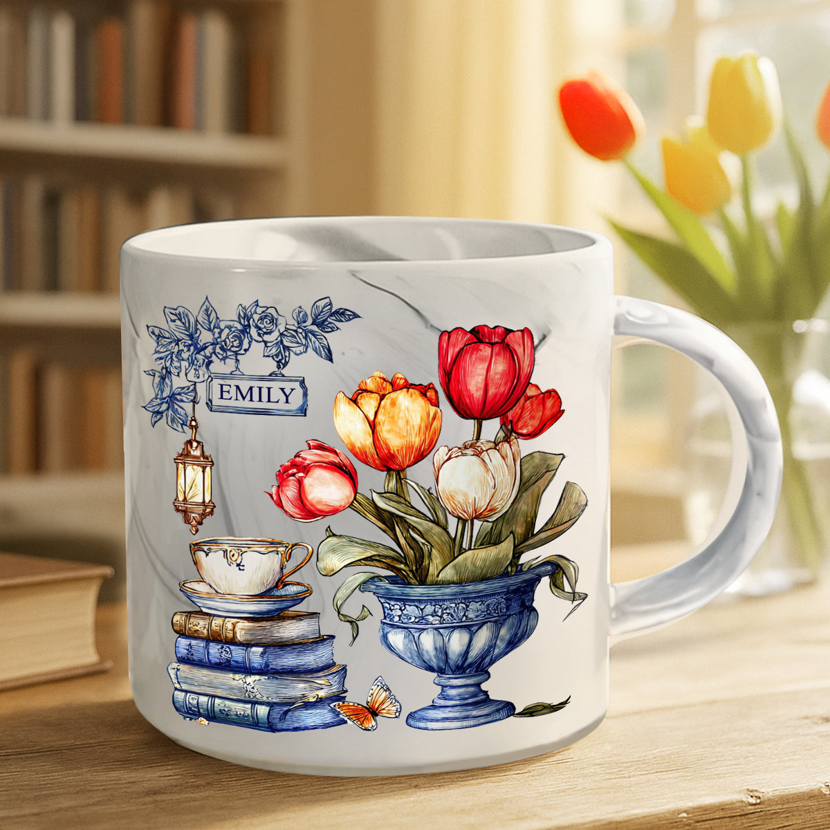Nostalgic Tulips, Books, And Tea - Personalized Book Marble Mug