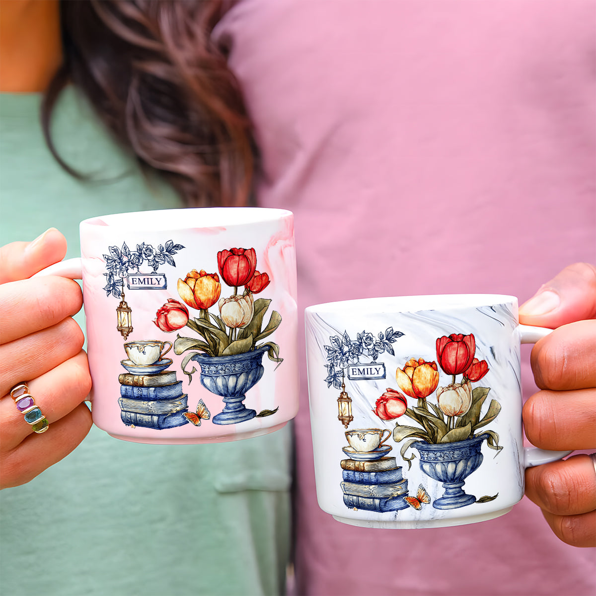 Nostalgic Tulips, Books, And Tea - Personalized Book Marble Mug