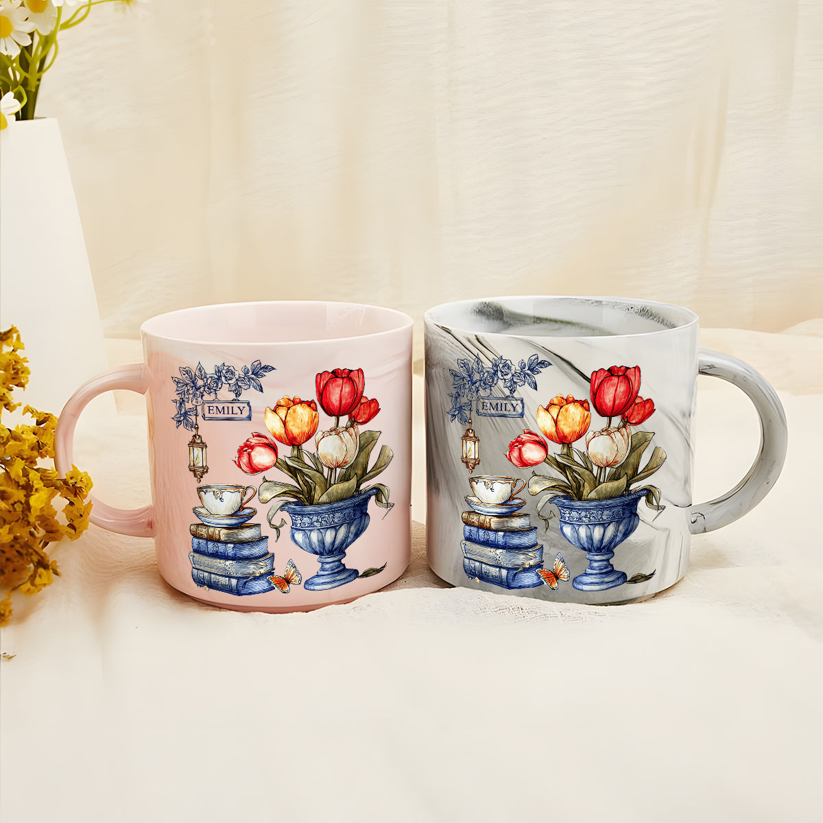 Nostalgic Tulips, Books, And Tea - Personalized Book Marble Mug