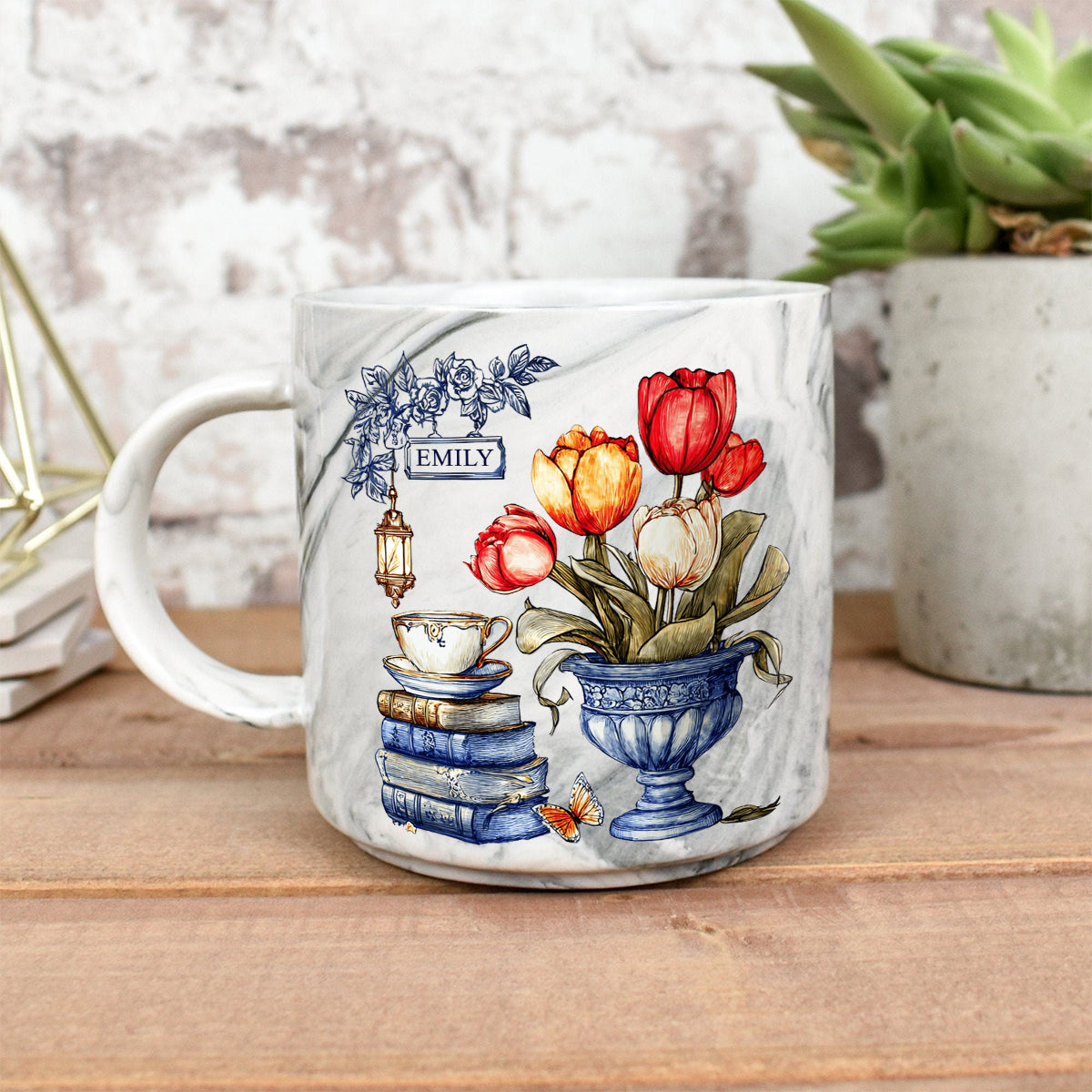 Nostalgic Tulips, Books, And Tea - Personalized Book Marble Mug