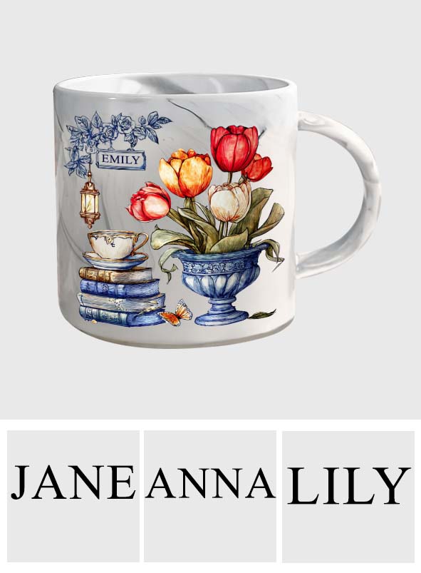 Nostalgic Tulips, Books, And Tea - Personalized Book Marble Mug
