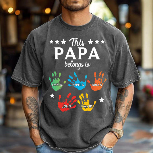 This Papa Belongs To Hands Prints - Personalized Grandpa Wash T-Shirt