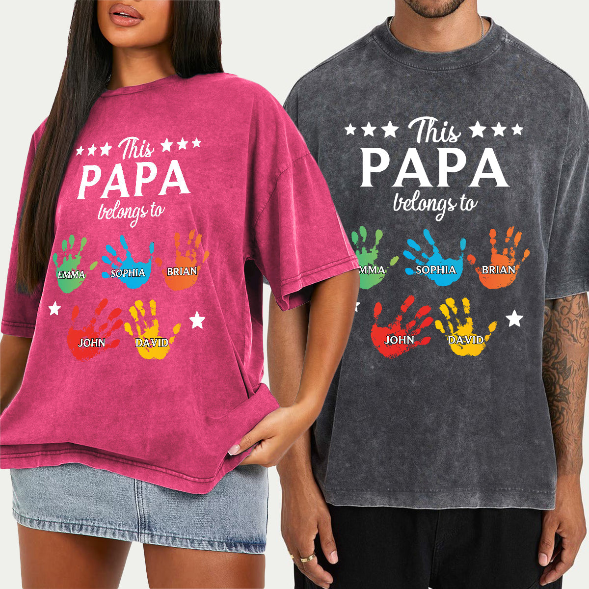 This Papa Belongs To Hands Prints - Personalized Grandpa Wash T-Shirt