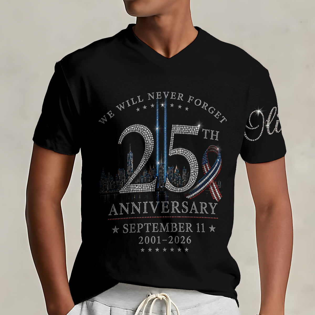 September 11 25th Anniversary Never Forget - Personalized EMT Fully Printed V-Neck T-Shirt