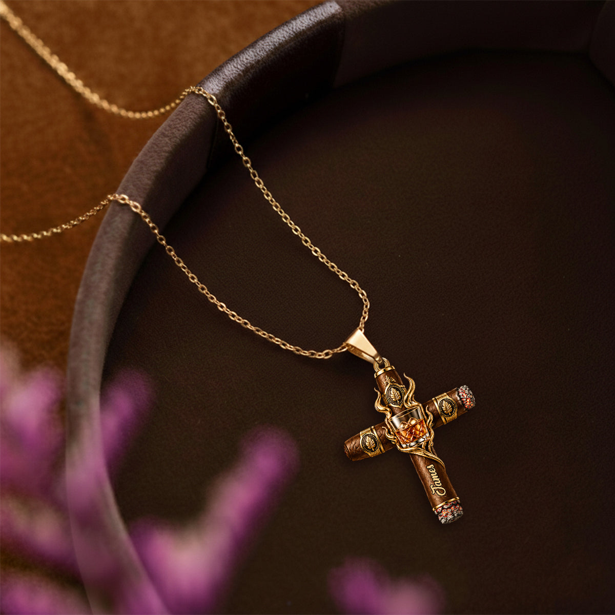 Faith, Whiskey & Cigars - Personalized Whisky Shaped Metal Pendant Necklace