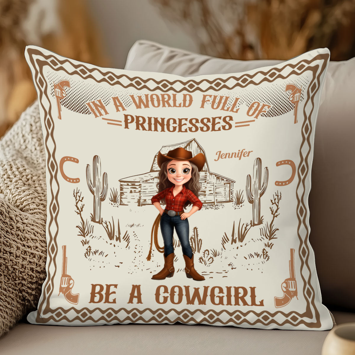 In A World Full Of Princesses Be A Cowgirl - Personalized Cowgirl Throw Pillow