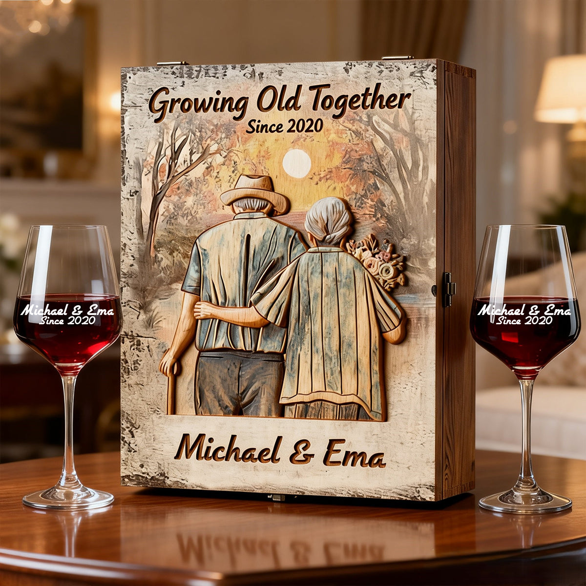 Growing Old Together - Personalized Couple Wine Glasses Set With Wooden Box