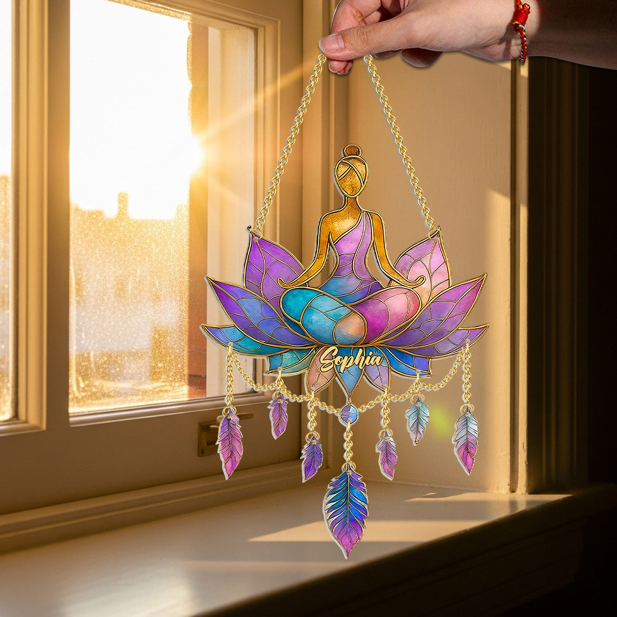 Meditation Time - Personalized Yoga Window Hanging Suncatcher With Charms