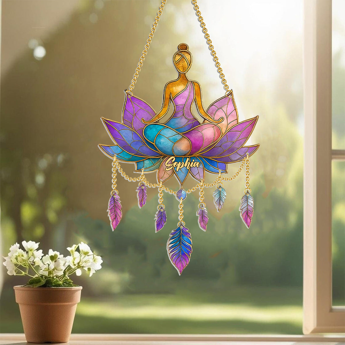 Meditation Time - Personalized Yoga Window Hanging Suncatcher With Charms