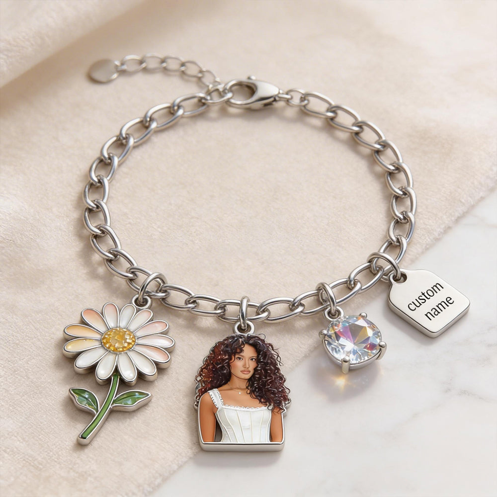 Custom Any Birthmonth Flower & Birthstone From Any Photo - Personalized Birth Month Flower Bracelet With Charms