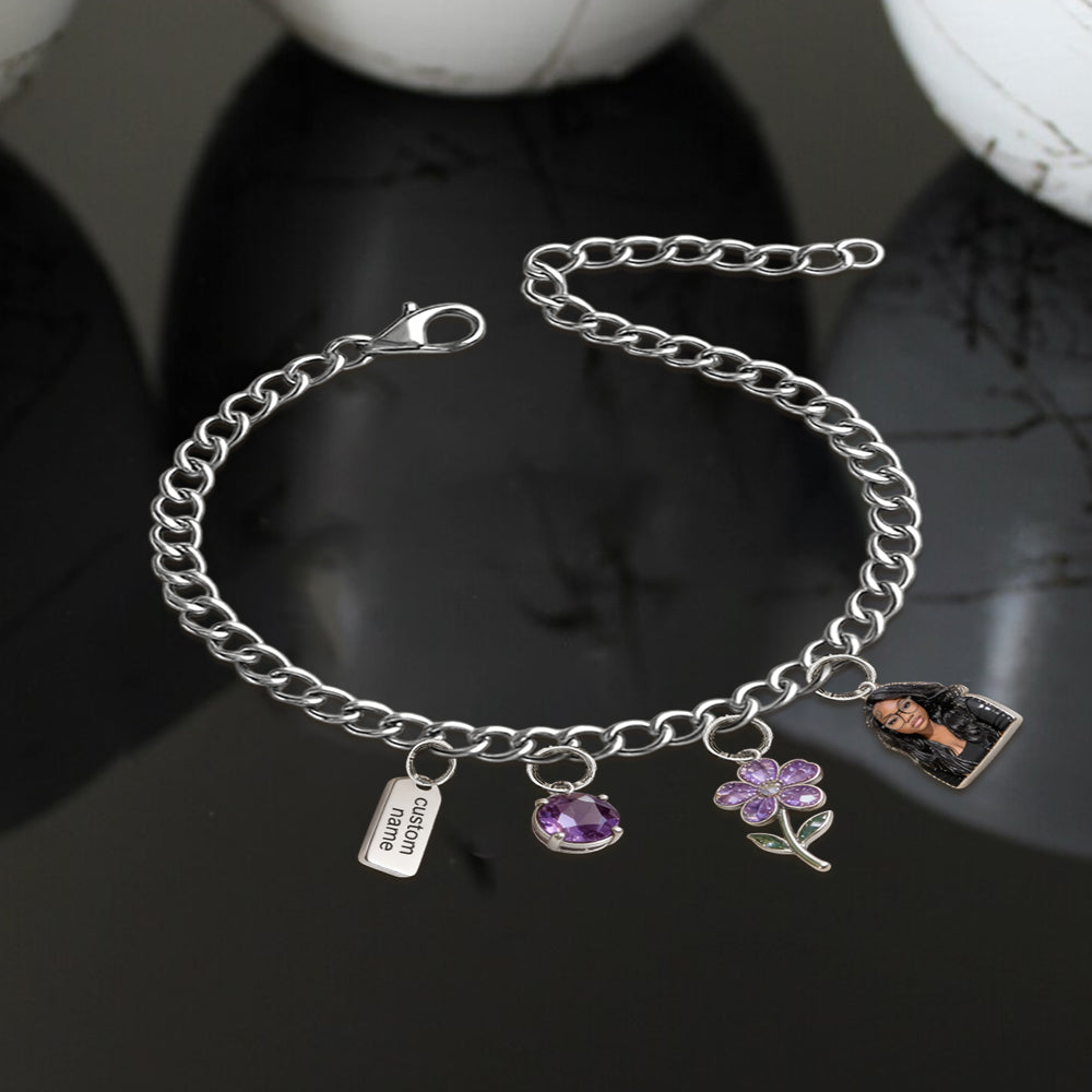 Custom Any Birthmonth Flower & Birthstone From Any Photo - Personalized Birth Month Flower Bracelet With Charms