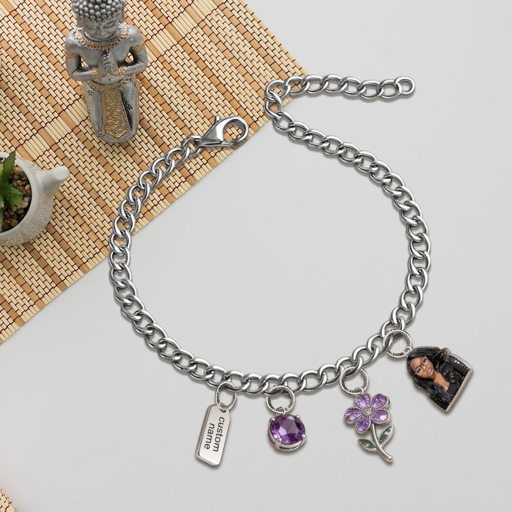 Custom Any Birthmonth Flower & Birthstone From Any Photo - Personalized Birth Month Flower Bracelet With Charms