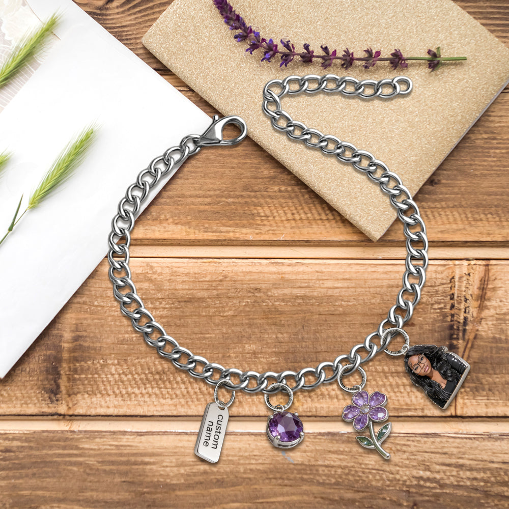 Custom Any Birthmonth Flower & Birthstone From Any Photo - Personalized Birth Month Flower Bracelet With Charms