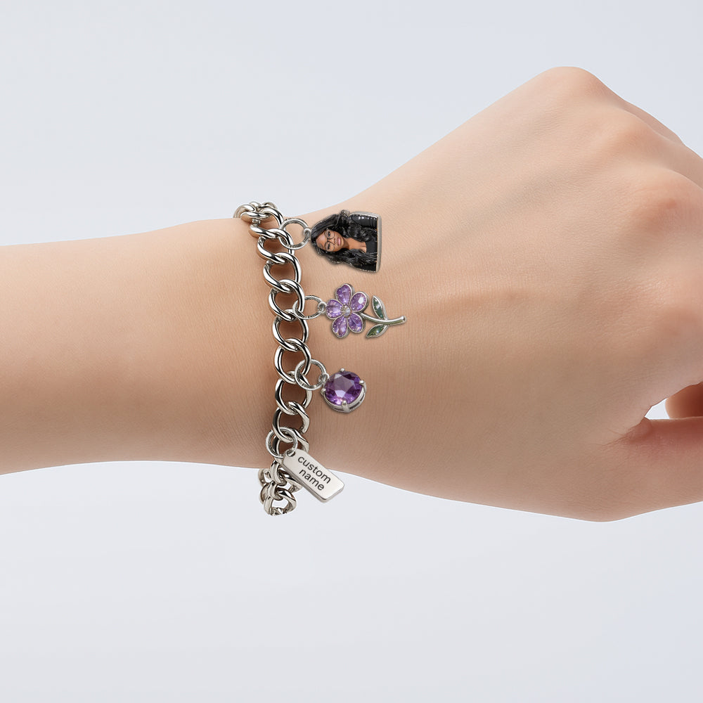 Custom Any Birthmonth Flower & Birthstone From Any Photo - Personalized Birth Month Flower Bracelet With Charms