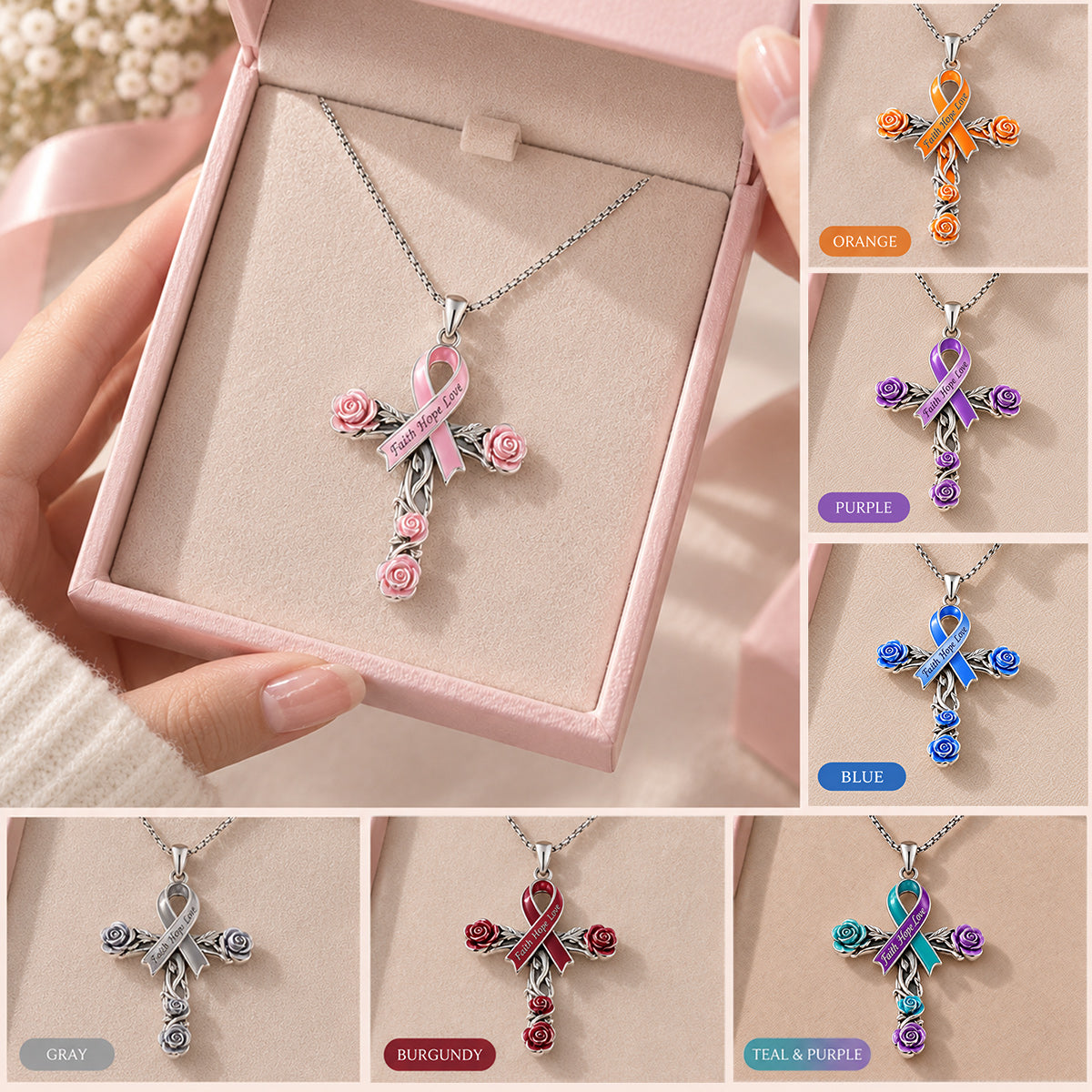 Faith Hope Love Ribbon - Personalized Breast Cancer Awareness Shaped Metal Pendant Necklace