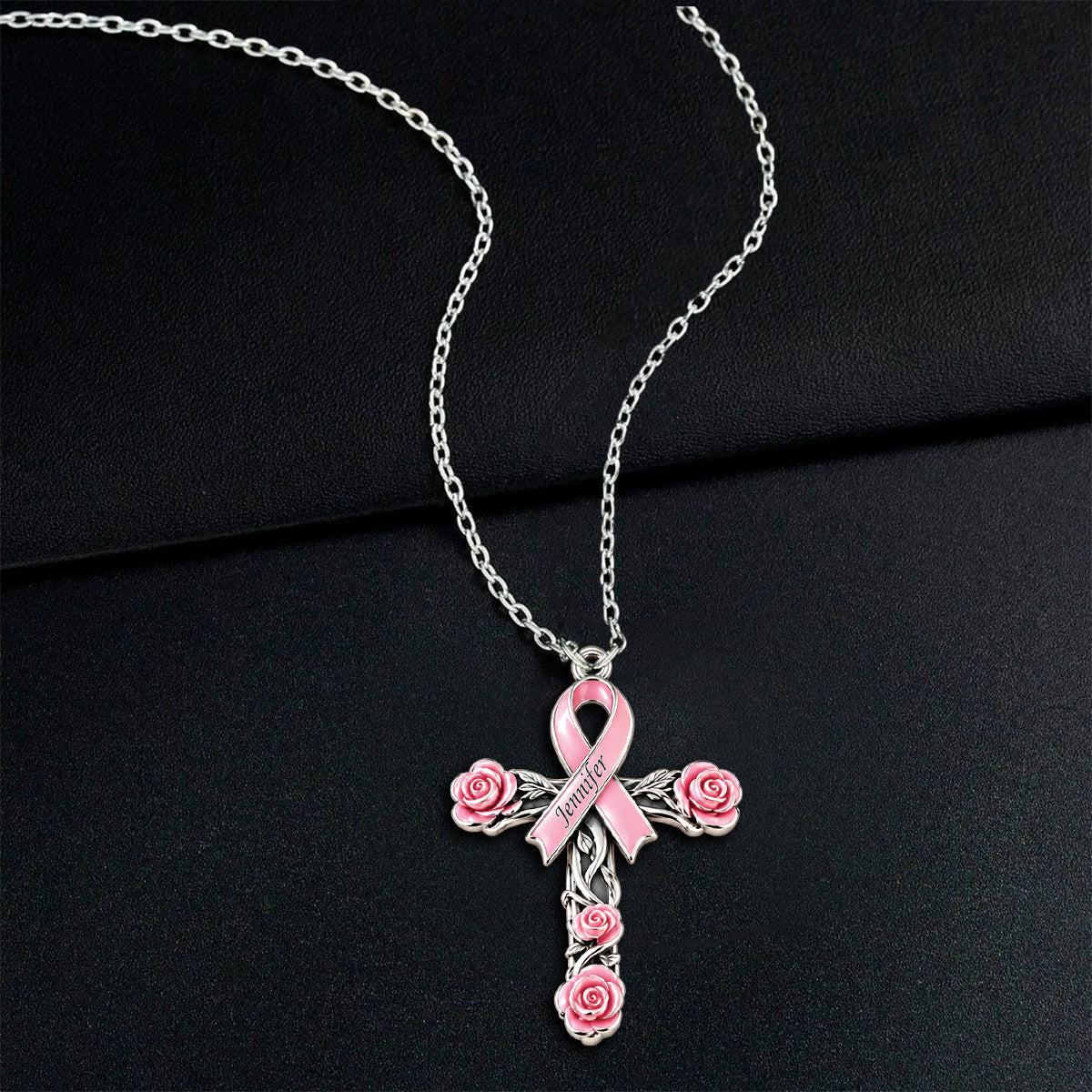Faith Hope Love Ribbon - Personalized Breast Cancer Awareness Shaped Metal Pendant Necklace