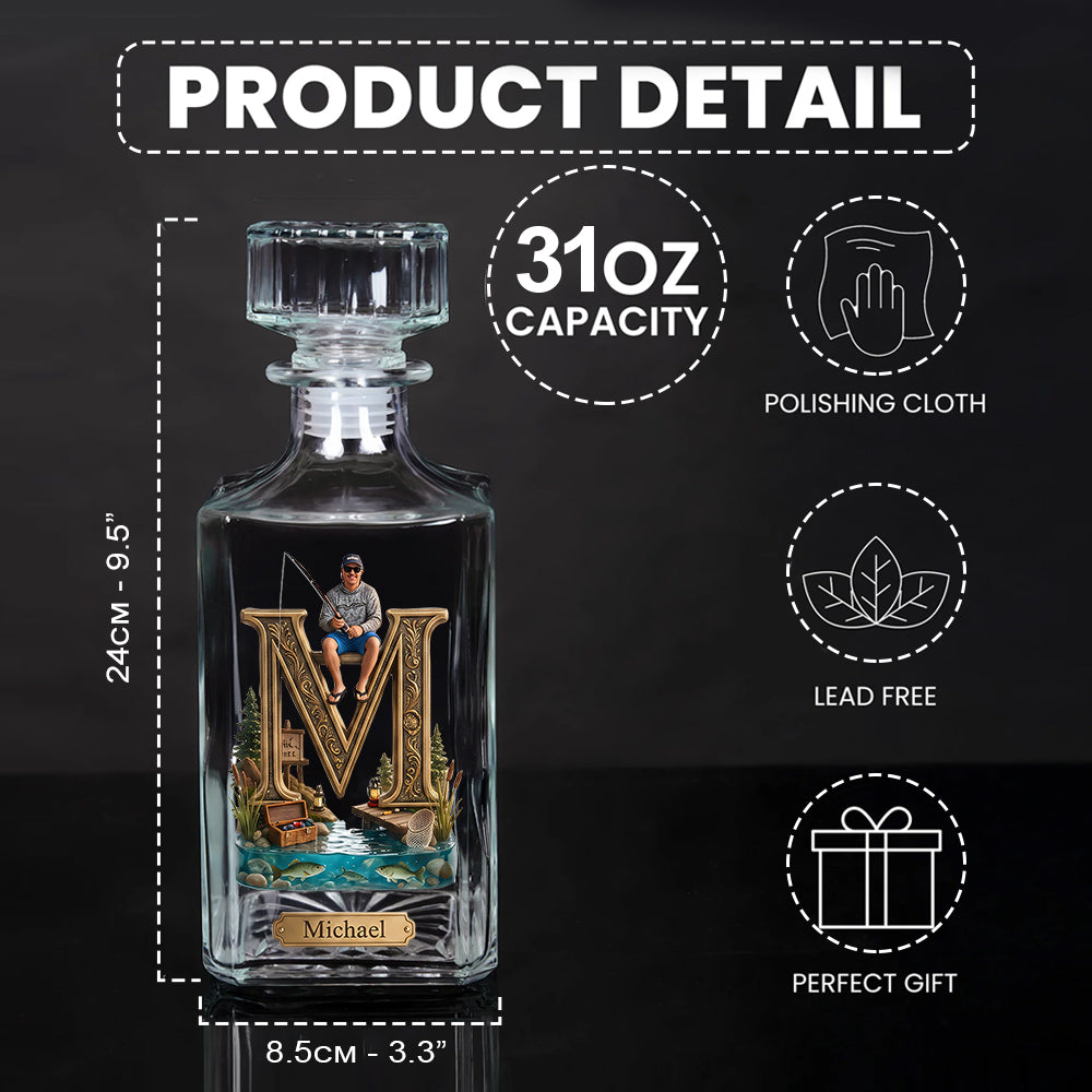 Custom Initial Gift For Fishing Lover - Personalized Fishing Whiskey Decanter Set